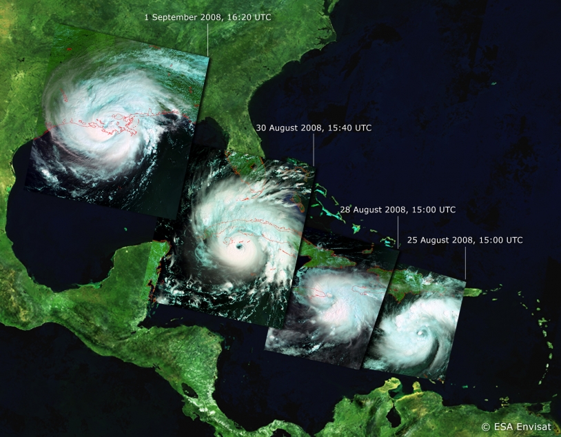 Progression de l&#039;ouragan Gustav en 2008 au-dessus des Antilles. Crédits : ESA/Envisat.